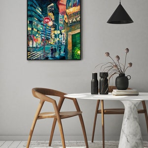 Original Oil City Painting, Impasto Oil Artwork, Cityscape, Night Light Art, Palette Knife, Rainy Street Colorful Art, Asian City Artwork image 2