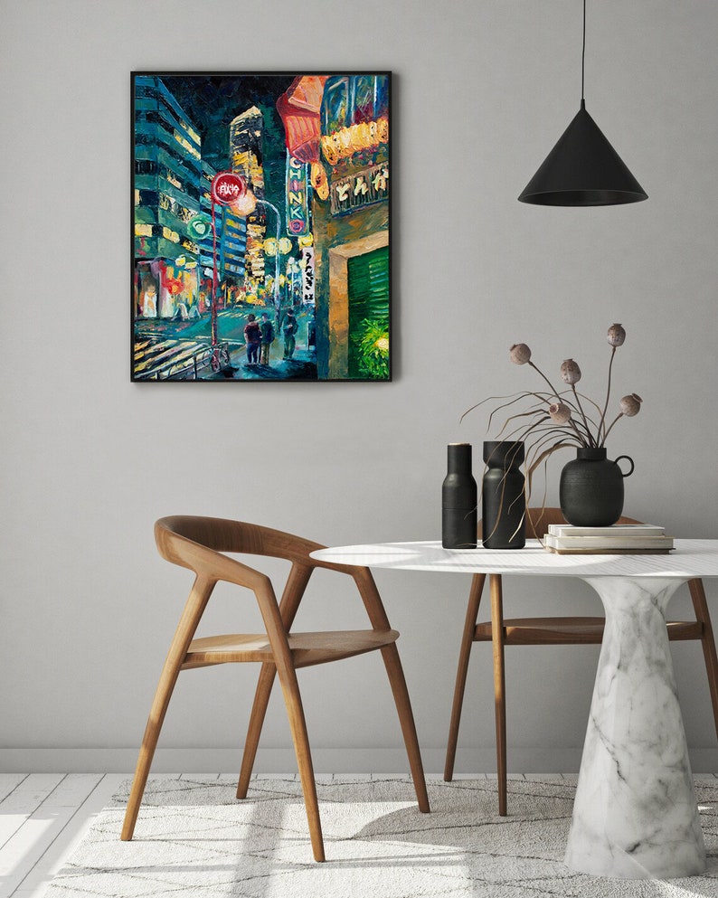 Original Oil City Painting, Impasto Oil Artwork, Cityscape, Night Light Art, Palette Knife, Rainy Street Colorful Art, Asian City Artwork image 2