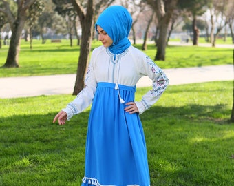 Muslim Girl Dress Blue, Kids Abaya Child Hijab Muslim Kids Clothes Girls Eid Dress Dubai Abaya Ramadan Holiday Gift 8 9 10 11 12 13 14 Age