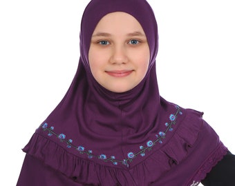 Head Scarf, Kids Hijab Purple Embroidered Practical Scarf Muslim Girl Scarf Turban Instant Hijab Islamic Scarf Cotton Children's HeadScarf