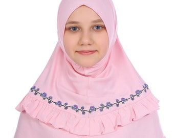 Head Scarf, Embroidered Practical Scarf Pink Kids Hijab Muslim Girl Scarf Turban Instant Hijab Islamic Scarf Cotton Children's HeadScarf