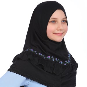 Head Scarf, Kids Hijab Black Embroidered Practical Scarf Muslim Girl Scarf Turban Instant Hijab Islamic Scarf Cotton Children&#39;s HeadScarf