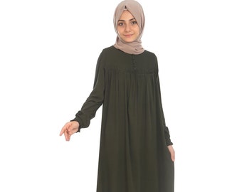 Muslim Kids Dress, Child Hijab Kids Abaya Khaki Dubai Abaya Girls Eid Dress Muslim Girl Clothes 8 9 10 11 12 13 14 Age Khimar Niqab Jilbab