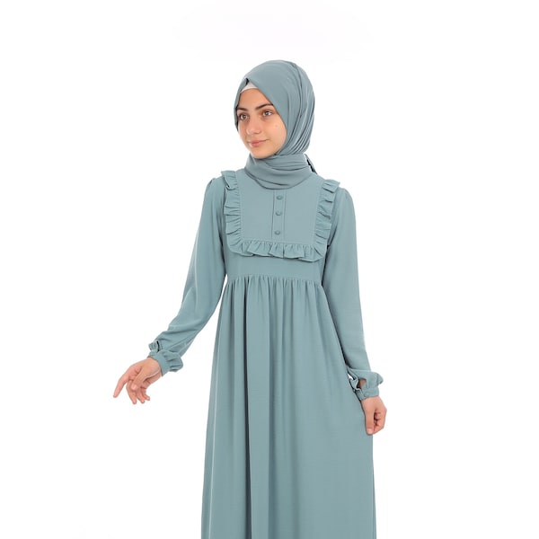 Muslim Girl Dress, Kids Abaya Child Hijab Gray Muslim Kids Clothing Girs Eid Dress Dubai Abaya 8 9 10 11 12 13 14 Age Khimar Niqab Jilbab