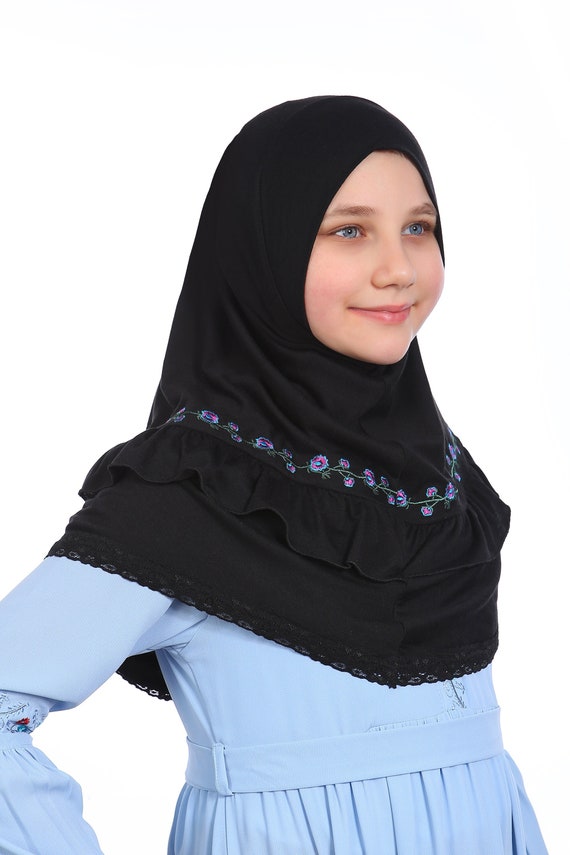 Head Scarf, Kids Hijab Black Embroidered Practical Scarf Muslim
