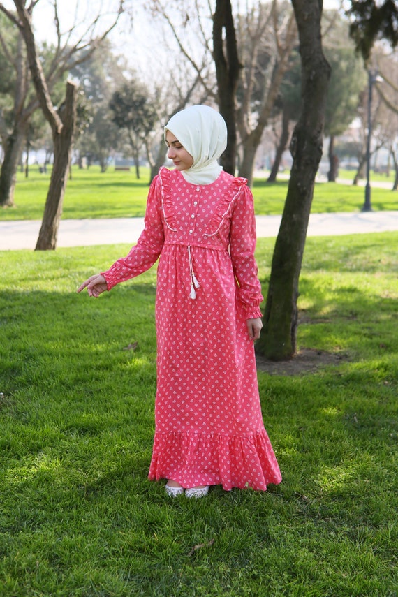 Muslim Girl Dress Kids Abaya Pink Child Hijab Muslim Kids Clothes Girls Eid Dress Ramadan Holiday Gifts 4 5 6 7 8 9 10 11 12 13 14 Age
