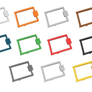 May include: Twelve frames in different colours against a white background. The frames are all the same size and shape, and are arranged in a grid pattern. Each frame has a small, white icon in the top right corner.