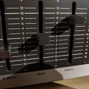 May include: Close-up of a black audio mixer with three knobs. The knobs are labelled 2.4kHz, 6kHz, and 15kHz. Each knob has a range of 12, with markings for 0, 2, 4, 6, 8, 10, and 12. The knobs are set to different positions.