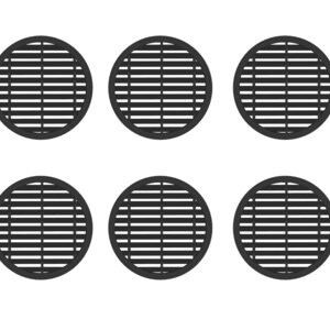 May include: Six black circular metal grates with a repeating horizontal pattern.