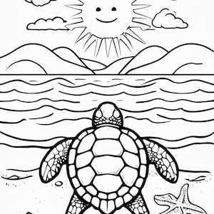Página para colorear: Tortuga marina dirigiéndose hacia el océano