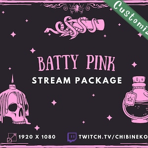 Puede incluir: Una ilustración digital rosa y negra de un paquete de transmisión en vivo con el texto "Batty Pink Stream Package" y el nombre de usuario de Twitch.tv "chibinekoii". La ilustración presenta una calavera con una vela en la parte superior, una serpiente envuelta alrededor de una mano y una botella de poción.