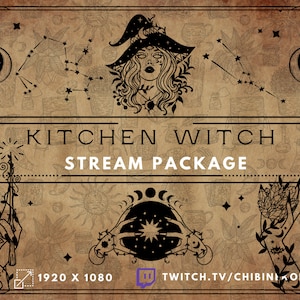 May include: A digital illustration of a witch with a black hat and long hair, holding a crystal ball. The background is a brown parchment with a pattern of stars, moons, and other witchy symbols. The text "Kitchen Witch Stream Package" is written in white letters on a black banner. The text "1920 x 1080" is written in white letters on a black banner. The text "twitch.tv/chibini_koi" is written in white letters on a purple banner.