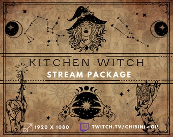 May include: A digital illustration of a witch with a black hat and long hair, holding a crystal ball. The background is a brown parchment with a pattern of stars, moons, and other witchy symbols. The text "Kitchen Witch Stream Package" is written in white letters on a black banner. The text "1920 x 1080" is written in white letters on a black banner. The text "twitch.tv/chibini_koi" is written in white letters on a purple banner.
