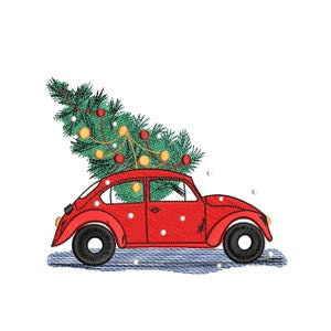 Christmas Beetle Car with Xmas Tree. Machine Embroidery Design.