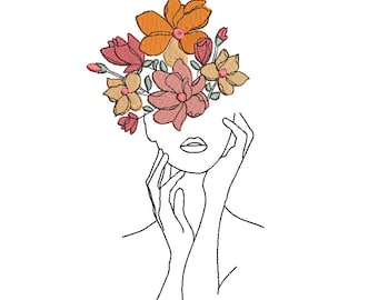 Woman face with flowers Embroidery Design