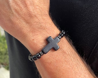 Men's Stretch Rosary Bracelet - Black Rosary Bracelet - Matte Black Cross Rosary Bracelet for Men - Sleek Men's Rosary Bracelet