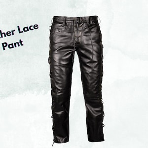 Men&#39;s Black Leather Lace Pants, Gothic Biker Pants with Lace-Up Sides & Front, Steampunk Leather Trousers, Rocker Style Leather Bottoms