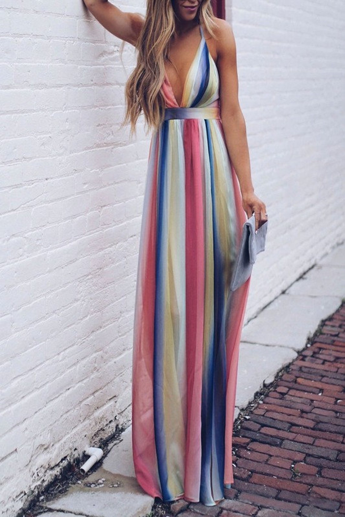 Bohemian Rainbow Print Chiffon Maxi Dress | Etsy