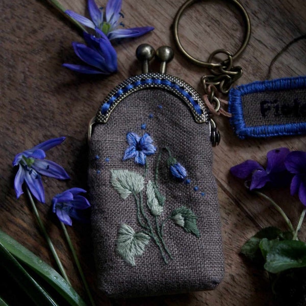 Tiny little purse/keychain bag ( 8x4 cm) with birth month flower/ February's birth flower- the violet/ birthday gift/ comfort talizman