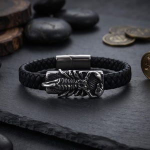 Stainless Steel Scorpion Leather Bracelet for Men, Black Braided Leather & Silver Steel Scorpion Charm Cuff Bracelet, Gift for Him