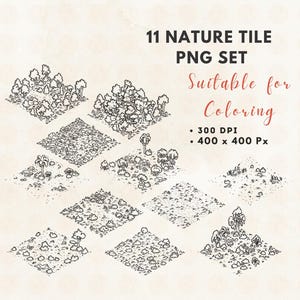 May include: An illustration of 11 nature tile PNG set designs, suitable for coloring. Each tile features a different landscape, including trees, bushes, and grassy areas. The image includes the text "11 NATURE TILE PNG SET Suitable for Coloring" and the resolution details.