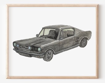 Sports Car Print, Retro Car Horizontal Poster, Downloadable Mechanic Wall Prints, Retro Race Car Wall Art for Boys Room Decor