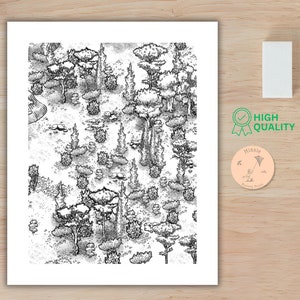 Página para colorir de mapa de floresta, folha para colorir de paisagem natural para crianças e adultos, pincel Procreate, arquivo PNG e JPG para impressão