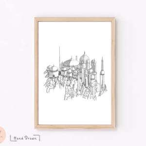 Printable Sci Fi City Poster, Travel Poster, Inspired Naboo, Landscape Print, Printable Wall Art, Landscape Painting, Minimalist Wall Art