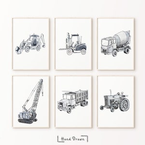 Mechanic Construction Vehicles Illustration Posters for Set of 6 Wall Art, Black and White Minimalist Construction Truck, Gallery Wall Set