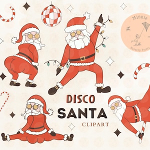 May include: A digital illustration of Santa Claus figures in dynamic dance poses. The Santas are dressed in red suits, hats, and sunglasses. The words "DISCO SANTA CLIPART" are displayed. The design includes candy canes and a disco ball, creating a festive theme.