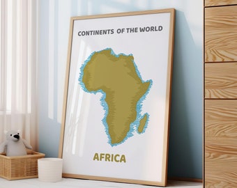 Op de afbeelding: Een ingelijste poster met een kaart van Afrika. De poster heeft de titel "Continents of the World" en het continent is gelabeld als "Afrika".