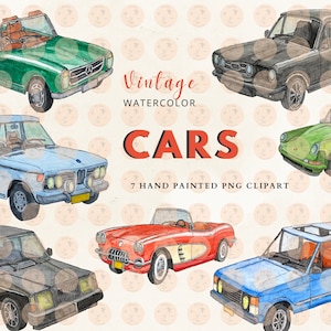 Paquete PNG de coches en acuarela / Imágenes prediseñadas digitales para scrapbooking y decoración infantil / 7 impresiones artísticas de vehículos