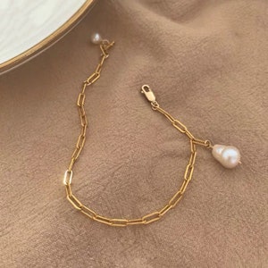 Baroque Pearl Paperclip Chain Bracelet, Gold & SilverRectangle Elongated Chain Baroque Pearl Bracelet,Adjustable, Layering Chain Bracelet