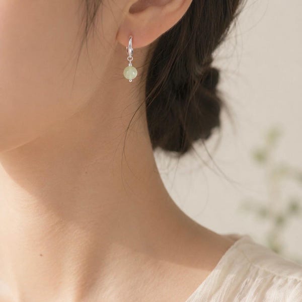 Jade Earrings Sterling Silver, Dainty Jade Hoop Earrings, Minimalist Jade Jewelry, Healing Jewelry, Everyday Gift for Her