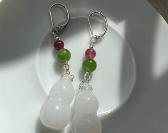 Natural Jade Wu Lou Gourd Dangle Earrings, Ruby Red Tourmaline and Green Nephrite Accents, Sterling Silver Dangle, Cultural Good Luck