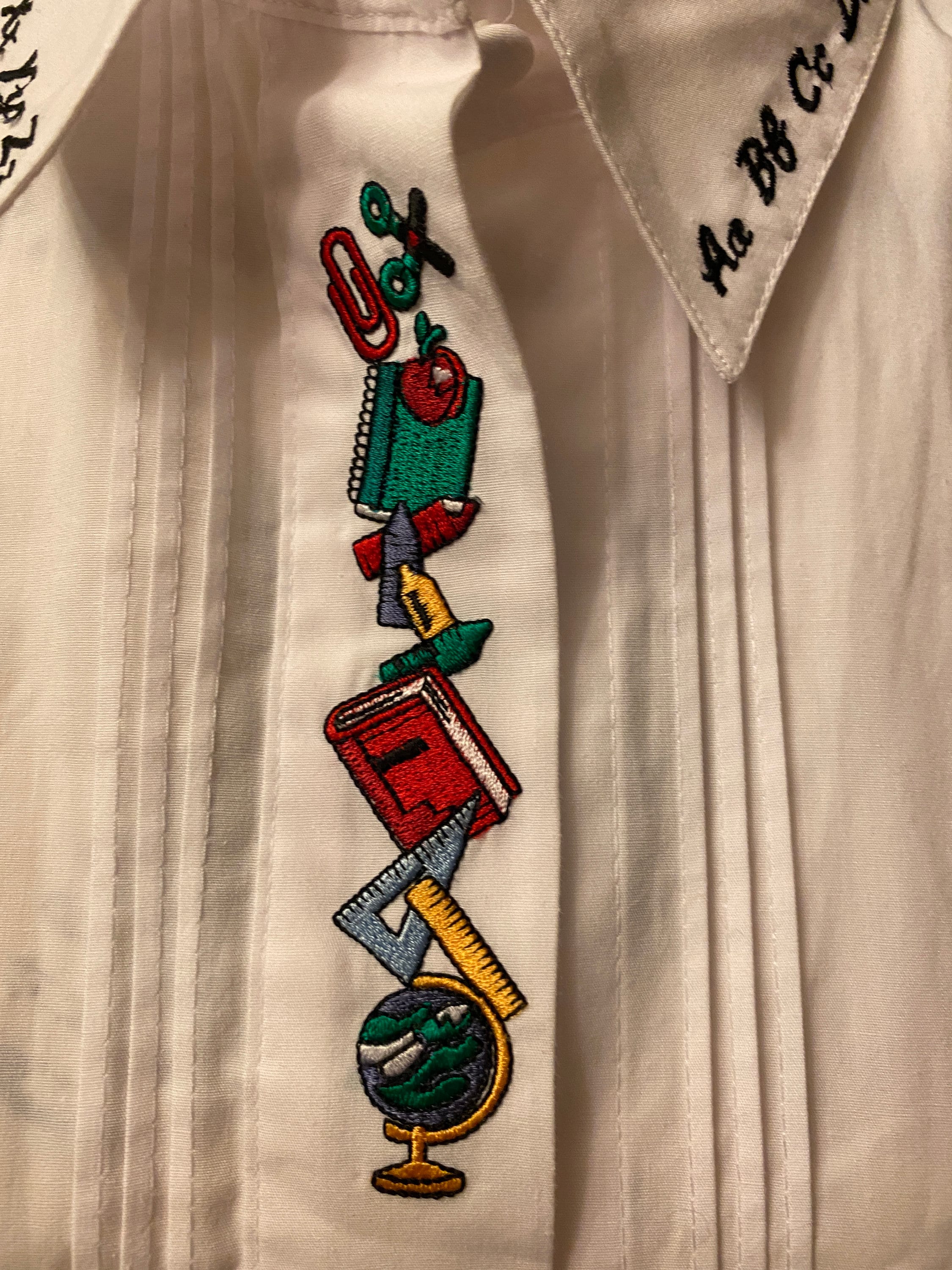 Crisp white blouse gift for a teacher.....alphabet and books