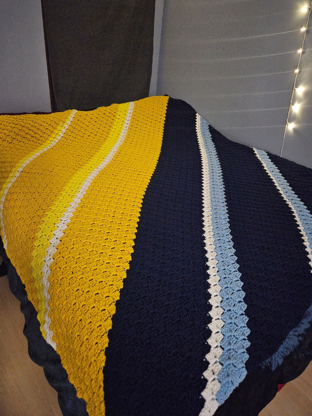Handmade Crochet Blanket, Blue and Yellow Queen Size Crochet Blanket