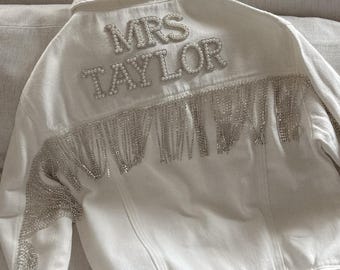Personalized Bridal Denim Jacket with Rhinestone Fringe | Bride Gift