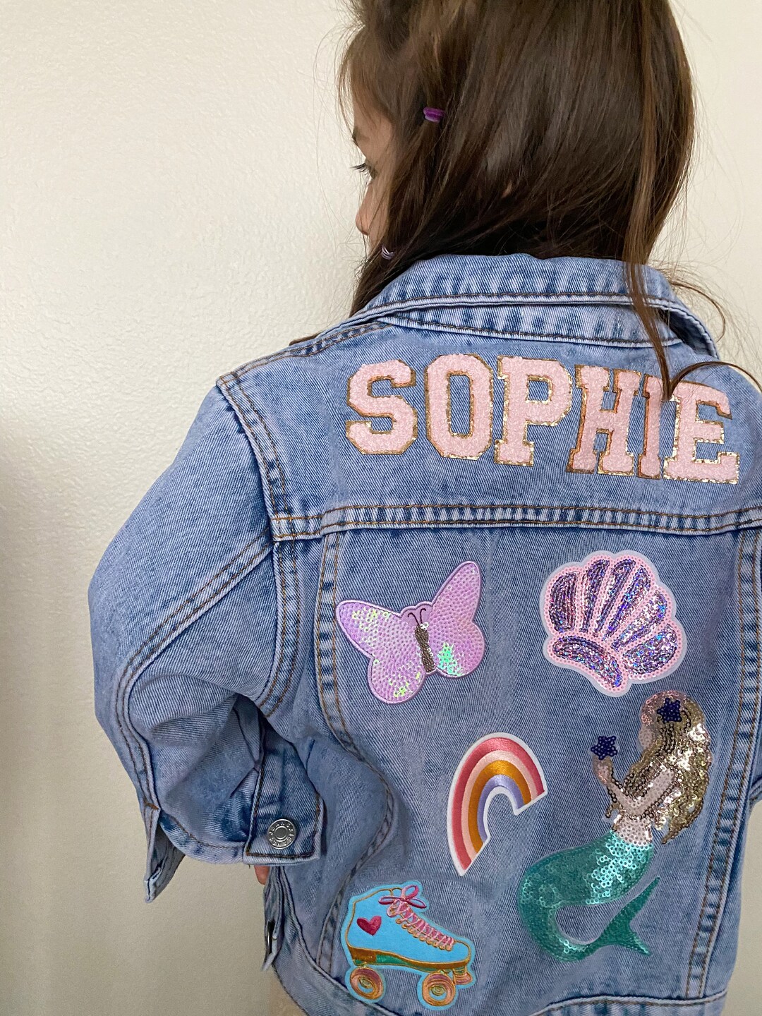 Little Girls Personalized Patch Jacket, Kids Denim Jacket With Patches