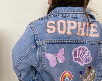 Little girls personalized patch jacket, kids denim  jacket with patches, little girls jean jacket with name and patches, kids patch jacket,
