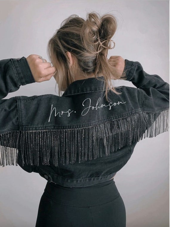 Black Personalized Rhinestone Fringe Bridal Denim Jacket | Mrs. [Your Name]