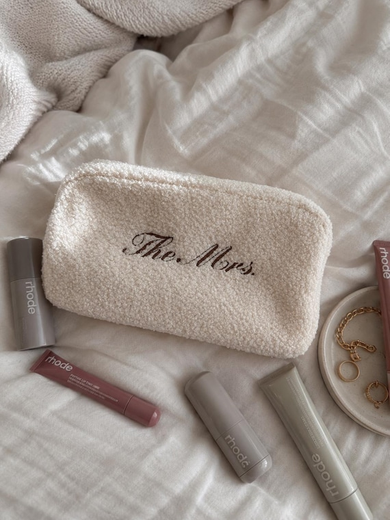 Embroidered Teddy Cosmetic Bag | Personalized Bride Makeup Pouch, Wedding Gift