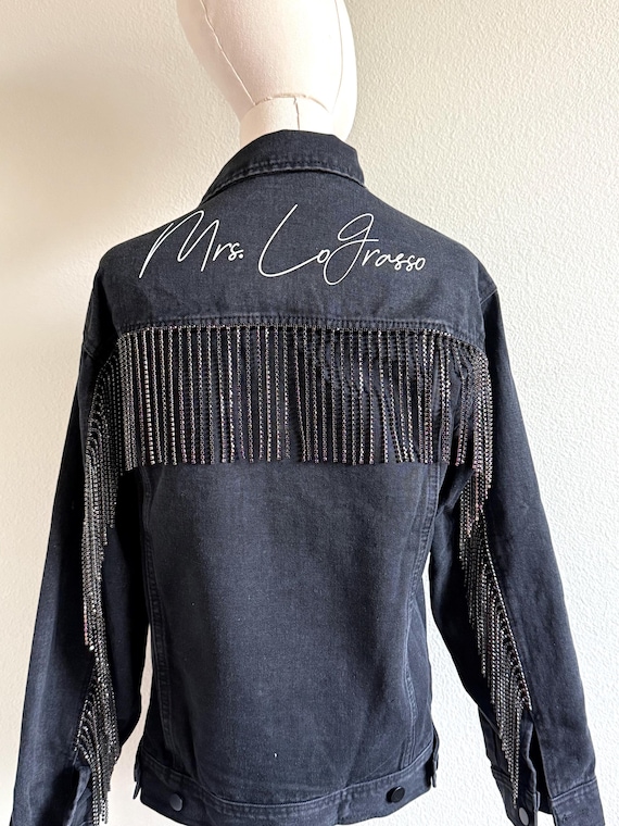 Custom Black Bride Denim Jacket with Rhinestone Fringe & Personalized Name