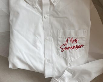 Embroidered Bride Oxford Shirt | Personalized Wedding Button Down | Custom Oversized Bride Shirt | Bridal Shower Bachelorette Gift Tee