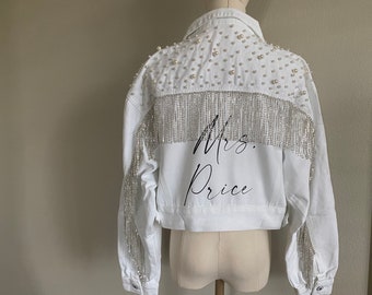 Chaqueta de perlas para novia / chaqueta de boda de novia / abrigo de boda / chaqueta de boda personalizada con la señora y el nombre / chaqueta de la señora y la señora