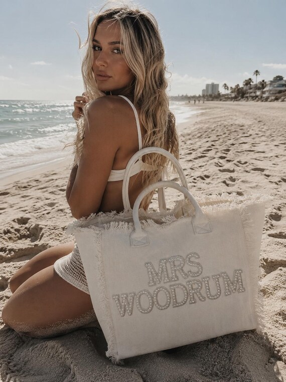 Personalized Bride Tote | Fringe tote Bag with Pearls for bride | Honeymoon and Wedding Tote Bag