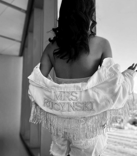 Personalized Bridal Denim Jacket: Rhinestone Fringe, Mrs. [Name]