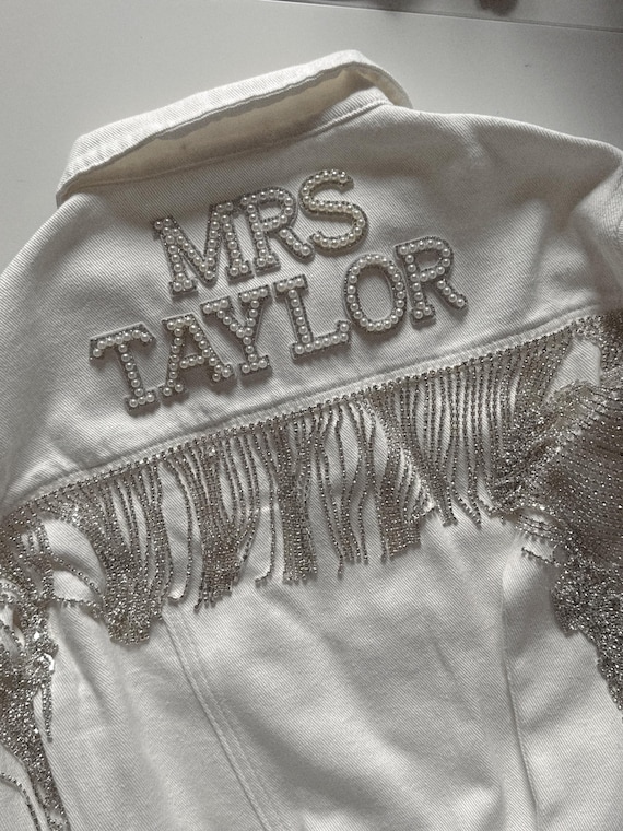 Custom Bride Denim Jacket Rhinestone Fringe, Wedding Gift
