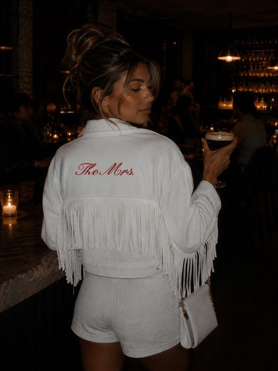 Custom Embroidered Bride Denim Jacket, White Rhinestone Fringe, Bachelorette Outfit