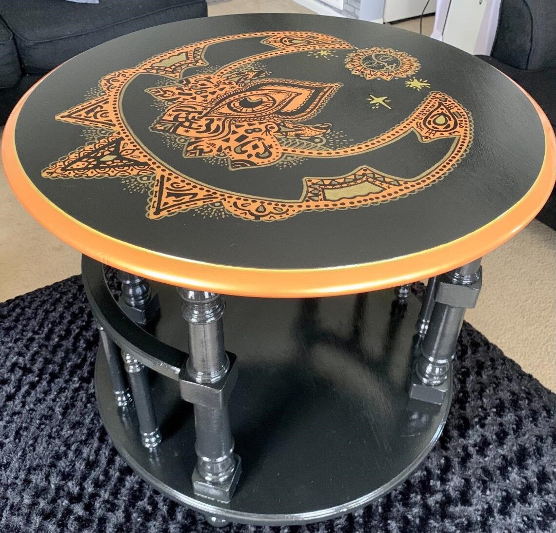 Artist Handpainted Round Black and Gold Table Etsy